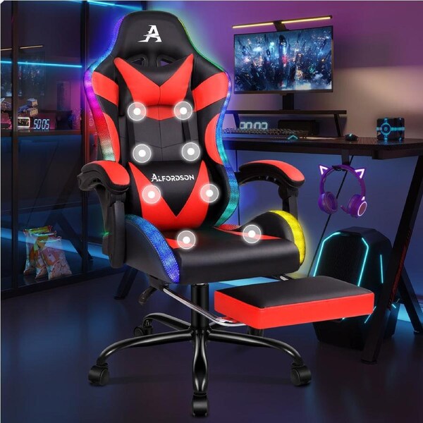 ALFORDSON Gaming Chair Office Massage 12 RGB LED Computer Seat PU Leather Red