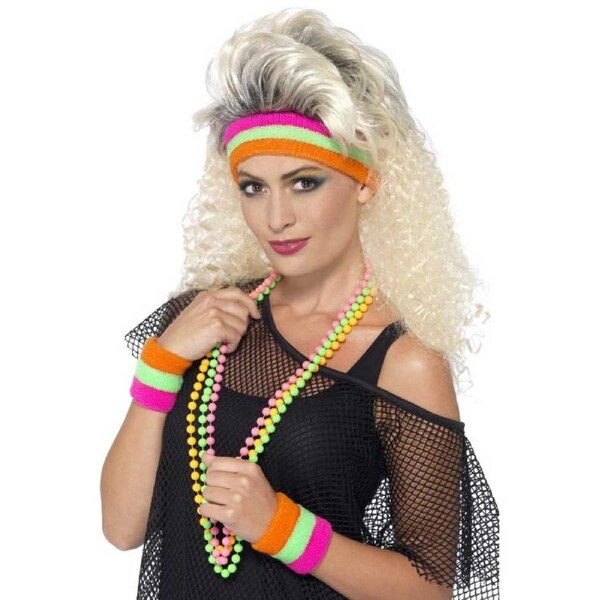 80s Neon Sweatbands Headband and Wristbands Kit