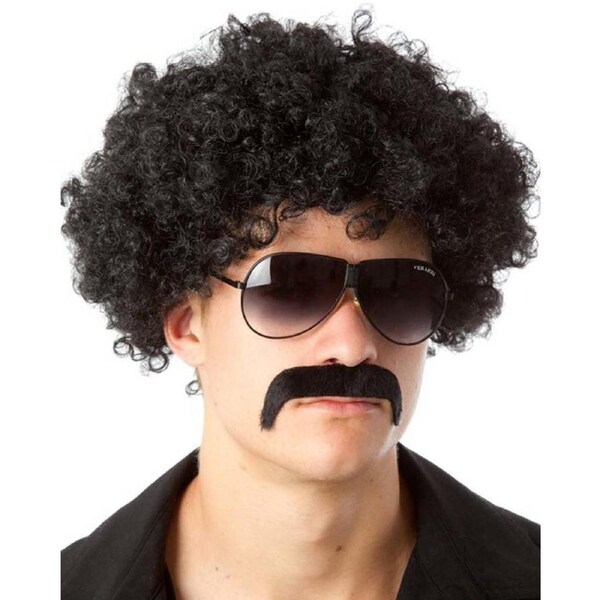 70s Black Mo and Curly Black Wig Set