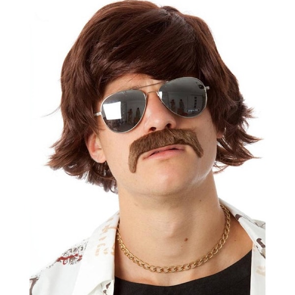 70s Shag Brown Wig and Moustache