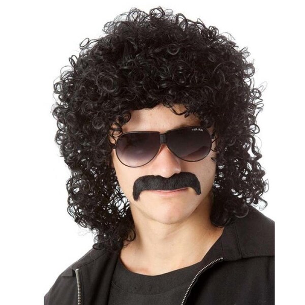 80s Man Perm Curly Black Wig and Mo Set