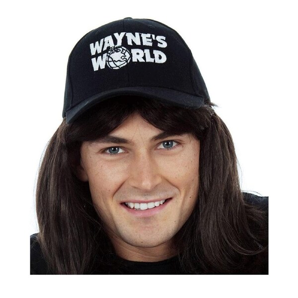 80s Wayne Black Mullet Wig with Black Cap