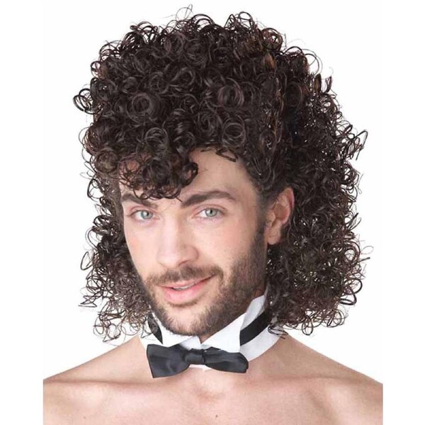 Brown Curly Mullet Wig with Collar and Tie