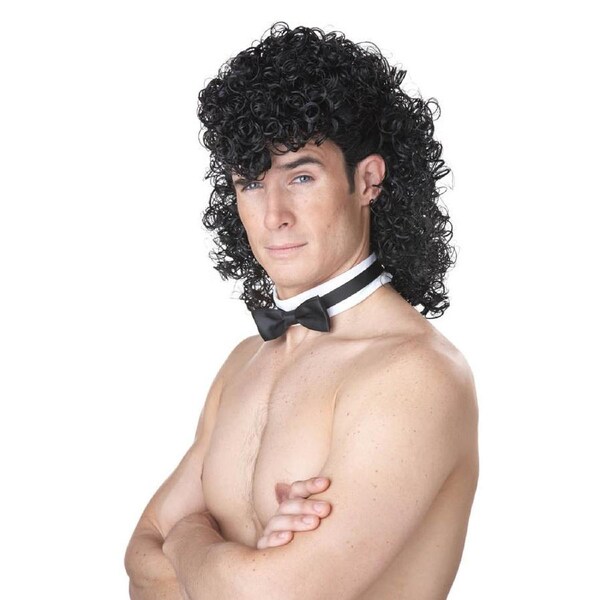 Black Curly Mullet Wig with Collar and Tie