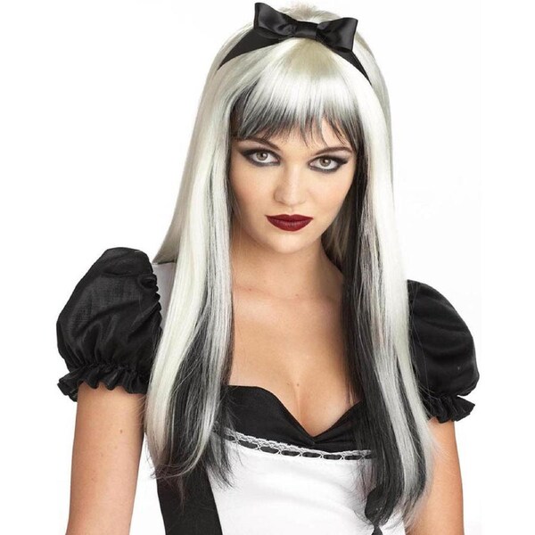 Enchanted Alice Long Black and White Wig with Hair Bow