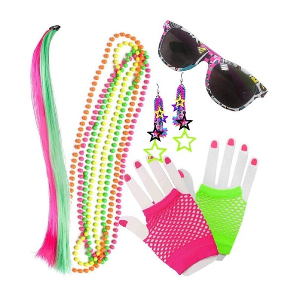 80s Necklace Glasses Earrings Gloves and Hair Clip Set