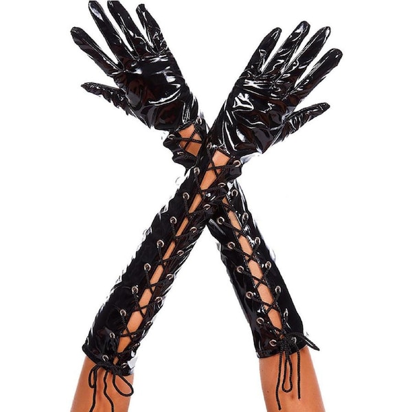 Wet Look Ribbon Lace Up Black Elbow Length Gloves
