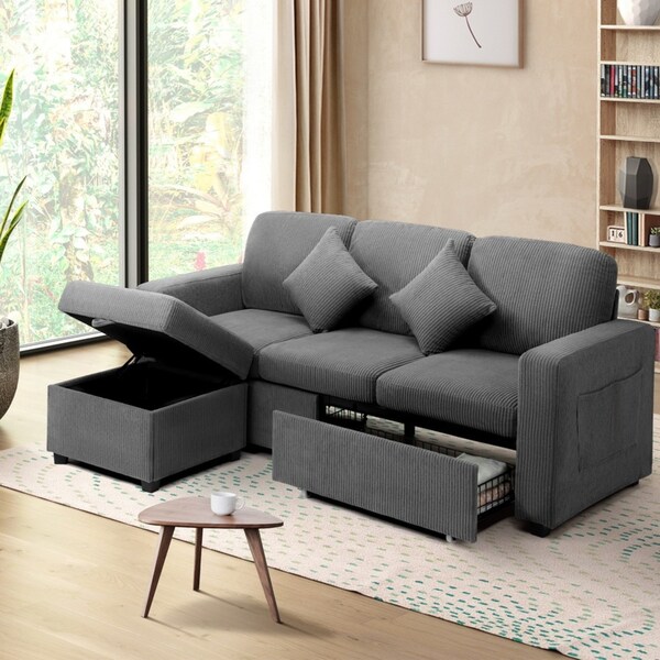 Oikiture Sofa Lounge Set Modular Couch 3 Seater Drawers Ottoman Storage Velvet Grey