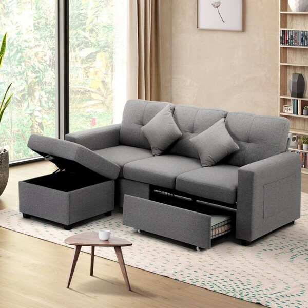 Oikiture Sofa Lounge Set 3 Seater Chaise Modular Couch Drawers Ottoman Fabric Light Grey