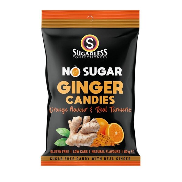 Sugarless Confectionery Orange & Turmeric flavoured Ginger Candies 60g