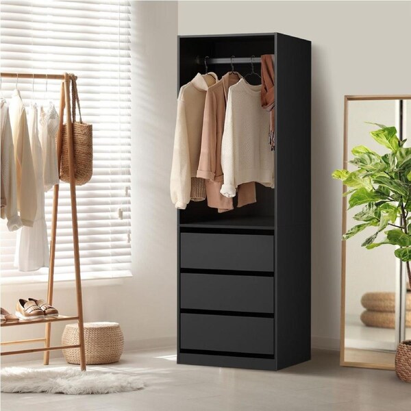 Oikiture Open Wardrobe Shelf Unit Clothes Storage 3 Drawers Hanging Rail Black