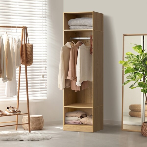 Oikiture Open Wardrobe Shelf Unit Clothes Storage 3 Shelves Hanging Rail Natural
