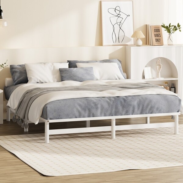 Oikiture Wooden Bed Frame Base Platform Solid Pine Timber White (King)