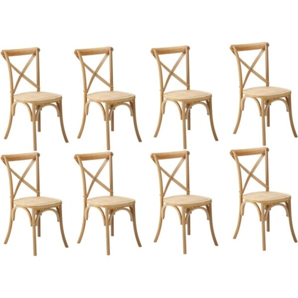 Oikiture 8PCS Crossback Dining Chair Solid Birch Timber Wood Ratan Seat Natural