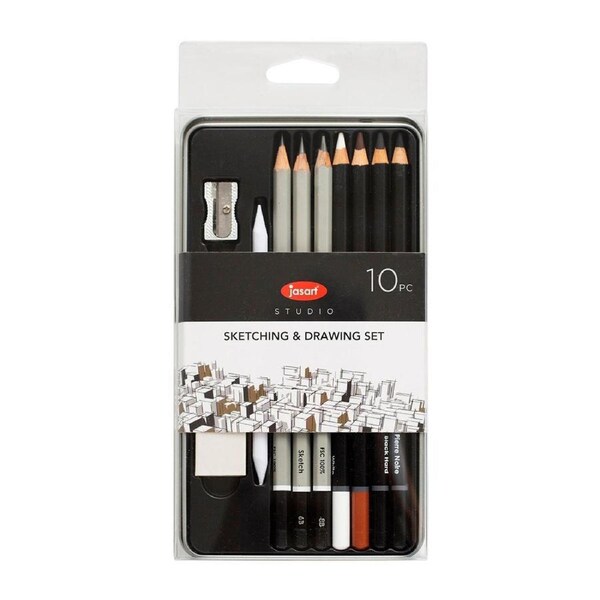 10pc Jasart Studio 2B/6B/8B Graphite Sketching/Drawing Charcoal Pencil Set w/Tin