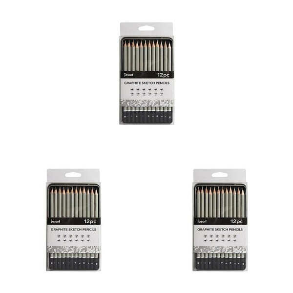 3x 12pc Jasart Studio Graphite Sketch Pencil Tin Set Art Portraiture/Drawing Gry