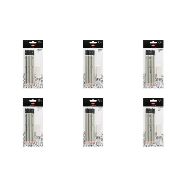 6x 8pc Jasart Studio Graphite Sketching Drawing Pencil/Eraser/Sharpener Set Grey