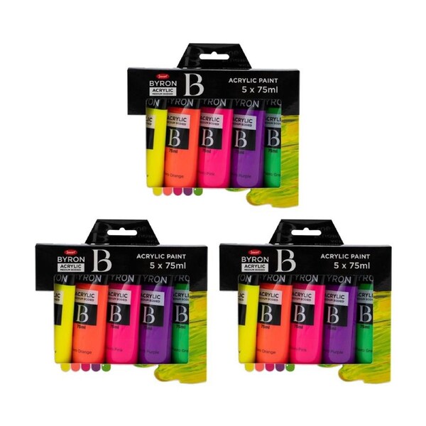 3x 5pc Jasart Byron 75ml Acrylic Paint Set Medium-Bodied Art Painting Fluoro