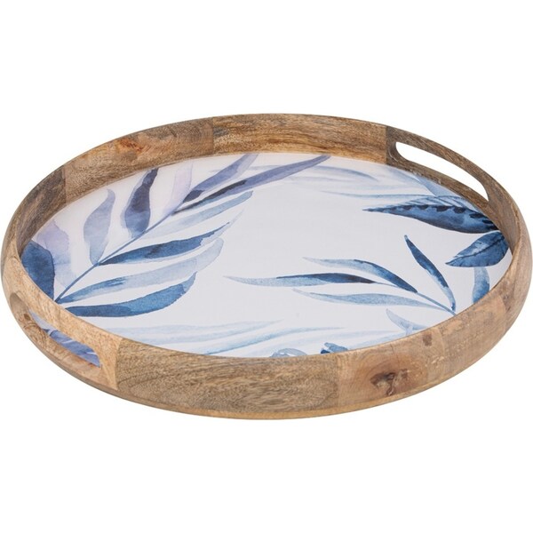 Ladelle Blue Lagoon Premium Mango Round Wood Serving Tray w/ Handle Handmade
