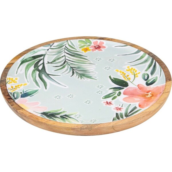 Ladelle Chelsea Premium Mango Round Wood Flower Pattern Serving Platter/Plate