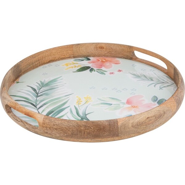 Ladelle Chelsea Premium Mango Round Wood Flower Pattern Serving Tray/Platter