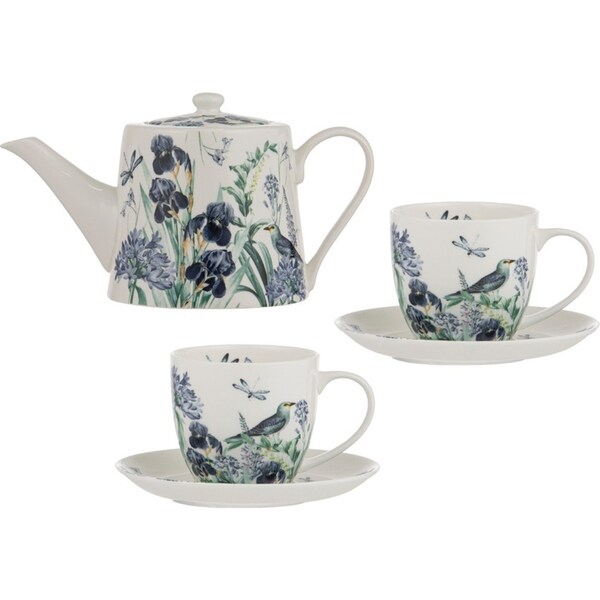 Ashdene Iris Garden White Teapot & 2 Teacup Fine Bone China Kitchenware Set
