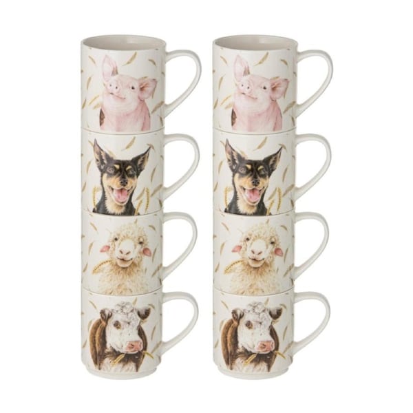 2x 4pc Ashdene Farmyard Faces New Bone China Stackable Cups Drinking Mugs