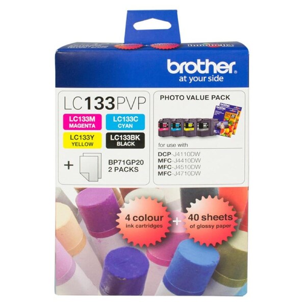 Brother LC133 PHOTO VALUE PACK 1XBLACK 1XCYAN 1XMAGENTA 1XYELLOW + 40 SHEETS PHOTO PAPER