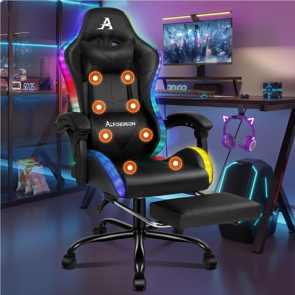 ALFORDSON Gaming Chair Office Massage 12 RGB LED Computer Seat PU Leather Black