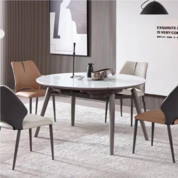 Extendable Round Dining Table With White Stone Top/Steel Legs