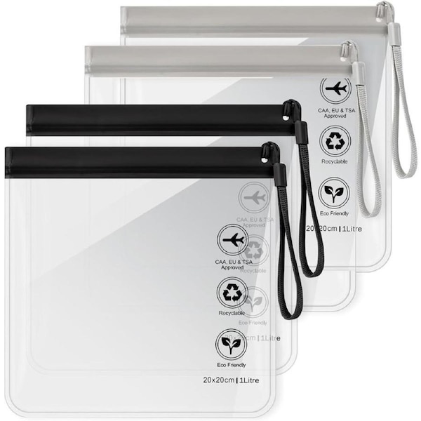 4PCS Clear Travel Toiletry Bag - Airport Security Liquids Bags, Airport Liquid Bag 20 x 20cm TSA Approved, Travel Accessories Makeup Bags Holiday Essentials Luggage for Men Women, Black/Grey, 20cm by