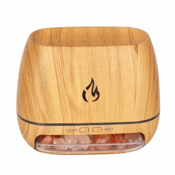 2024 3 In 1 Himalayan Salt Rock Aroma Diffuser, Ultrasonic Essential Oil Diffuser, Simulation Flame Humidifier, Coloured Light Mist Diffuser, Wood Gra