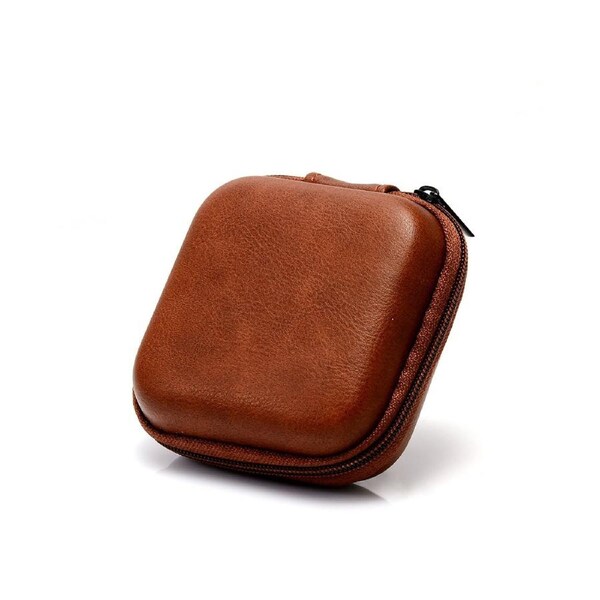 USB Data Cable Storage Bag Leather Earphone Headset Cover Mini Zipper Pouch Box for Most Headsets Drop Resistant - Brown