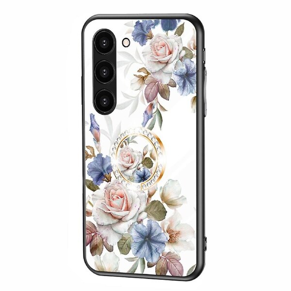 For Samsung Galaxy S23+ Stylish Flower Pattern Kickstand Phone Case Tempered Glass+PC+TPU Cover Bush