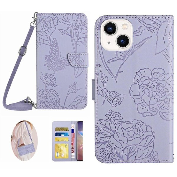 HT03 For iPhone 15 Plus PU Leather Phone Cover Stand Wallet Imprinted Case with Shoulder Strap