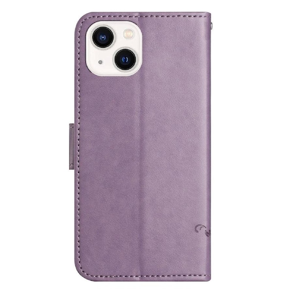For iPhone 14 Plus Wallet Style Butterfly Flower Imprinted Case Stand Feature Phone Shell with Strap