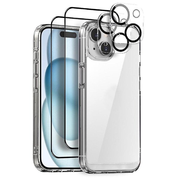 For iPhone 15 NORTHJO 5 in 1 Clear Phone Case with 2pcs Screen Film + 2pcs Rear Lens Film