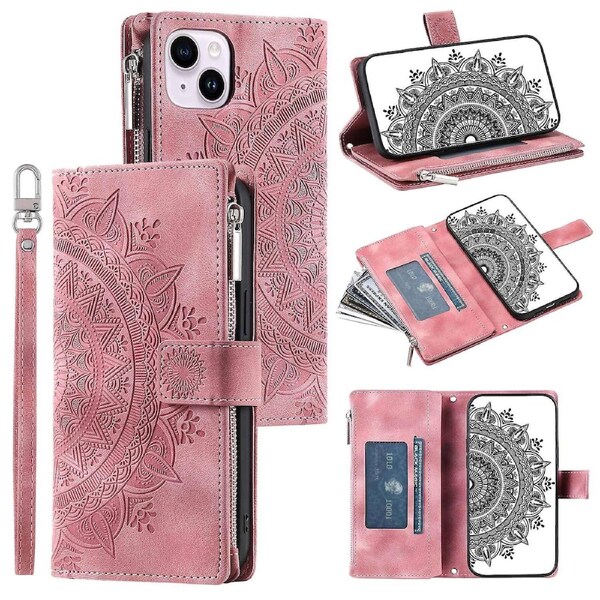 For iPhone 15 Plus Zipper Wallet Leather Phone Case Mandala Flower Imprinted Stand Card Holder Cover