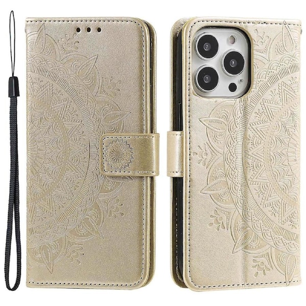 For iPhone 15 Pro Max Mandala Flower Imprint Phone Case Wallet Stand Folio Cover with Strap