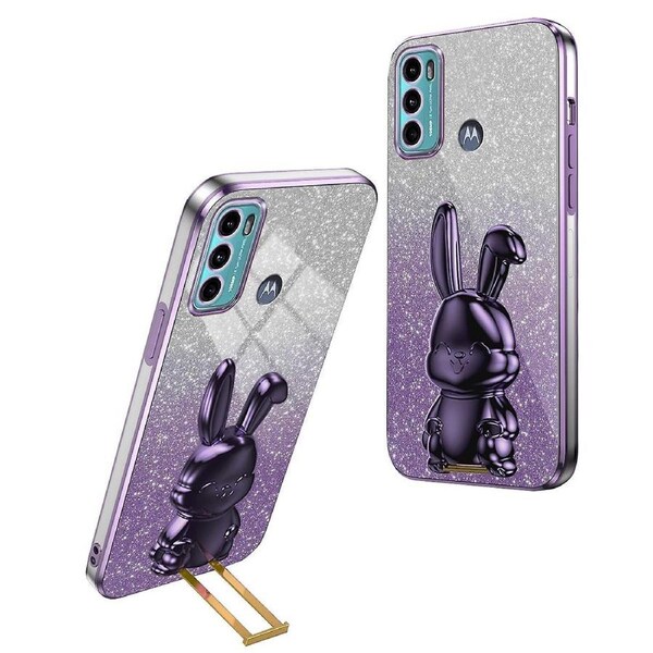 For Motorola Moto G60 Case Glitter PC+TPU Cartoon Rabbit Kickstand Back Shell