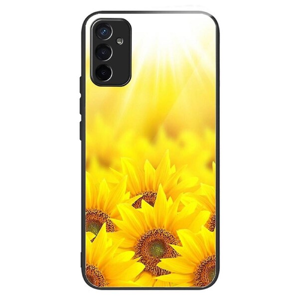 For Samsung Galaxy M13 4G Sunflower Pattern Printing Case Tempered Glass TPU Phone Back Cover