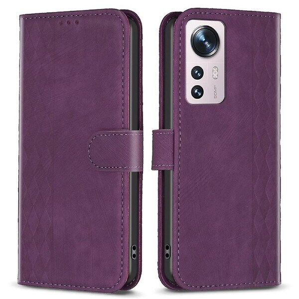 Grid Pattern Imprinted Cover for Xiaomi 12 5G/12X 5G/12S 5G Phone Case Stand Wallet PU Leather Shell