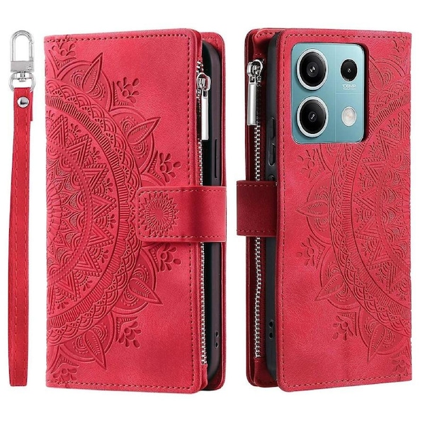 For Xiaomi Redmi Note 13 5G Phone Case Flower Pattern Leather Flip Wallet Cover - Red