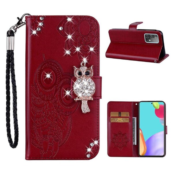 Owl Imprint Rhinestone Decor Wallet Leather Cover for Samsung Galaxy A52 4G/5G/A52s 5G Stand Shell