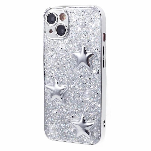 For iPhone 15 Case 3D Epoxy Electroplating Silver TPU Phone Back Cover Stars