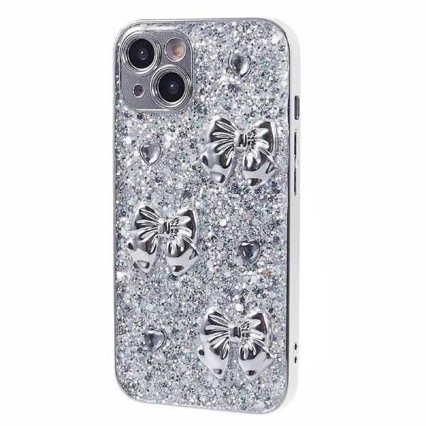 For iPhone 14 Case Stylish Epoxy Pattern Silver Electroplating TPU Phone Cover Bows