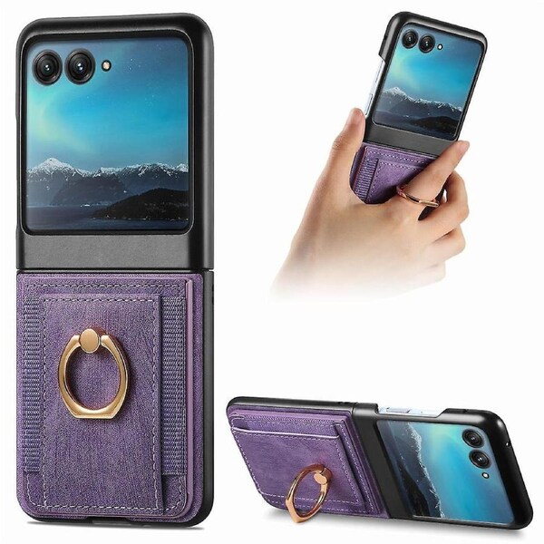 For Motorola Razr 50 Ultra Wallet Case, PU Leather Shockproof Protective Case with Card Holder & Metal Ring Holder