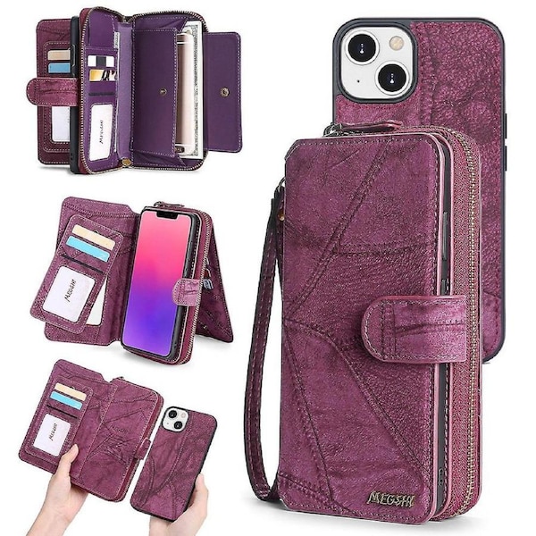 MEGSHI 004 Series Detachable Zipper Wallet Leather Case for iPhone 14 Anti-drop Stand Phone Cover