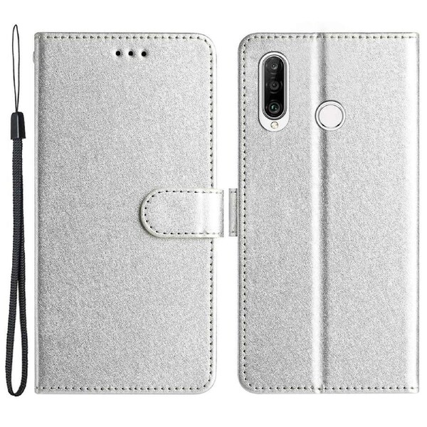 For Huawei P30 Lite Stand Flip Protective Cover PU Leather Silk Texture Wallet Phone Case with Strap