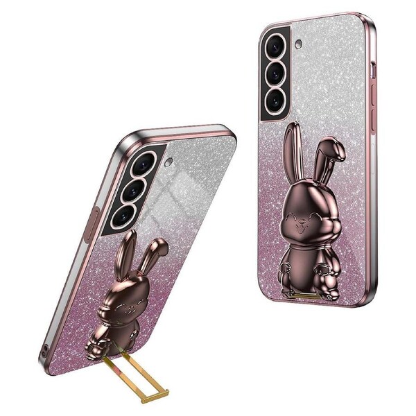 For Samsung Galaxy S22 5G Kickstand Phone Case Cartoon Rabbit Glitter Drop-proof Cover - Pink